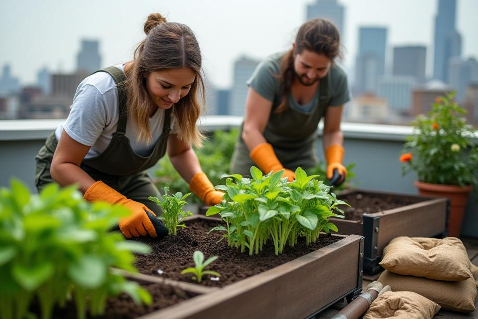 Team members carefully planting herbs in a newly installed garden bed.